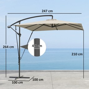 Chapéu de Sol Excêntrico 247x247 cm com Base Cruzada Capa Ajustável Manivela Capa Protectora e Corda de Vento Caqui