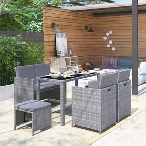 vidaXL Conjunto jantar p/ exterior com almofadões 6 pcs vime cinzento