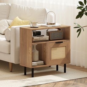 Movel pequeno arrumação 60 x 25,5 x 59 cm em rattan com prateleira de arrumação e pernas em metal para espaços pequenos, sala ou quarto, natural