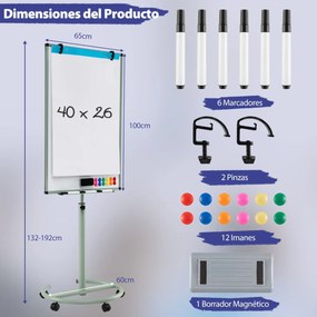 Quadro branco 100 x 65 cm apagável,1 apagador seco, 2 ganchos para papel, 6 marcadores apagáveis e 12 ímanes verdes