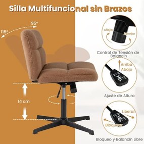 Cadeira giratória para escritório Sem Rodas com superfície de pelúcia felpuda, altura ajustável, base de metal e elevador a gás premium Castanho claro