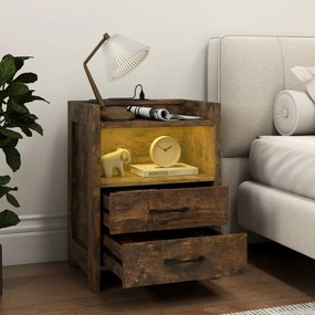 Mesa de cabeceira 45 x 35 x 60 cm com luzes LED e tomadas com 2 gavetas e prateleira aberta castanho