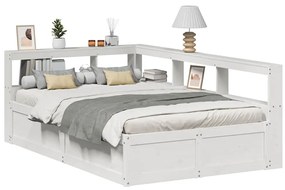 vidaXL Cama com estante sem colchão 140x190 cm pinho maciço branco