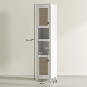 Coluna Casa de Banho com Prateleira Ajustável 2 Portas em Vime e 2 Compartimentos Estilo Boho 40x30x167,5 cm Branco