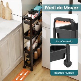 Carrinho estreito de 4 níveis com rodas e pegas 54 × 18,5 × 103 cm Organizador móvel para cozinha, casa de banho, lavandaria e escritório Preto