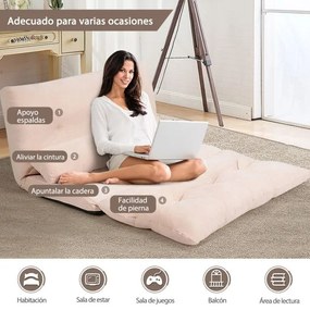 Sofá chão Sofá-cama multifuncional ajustável em 6 posições com 2 almofadas Forro em camurça para quarto, sala, varanda Bege