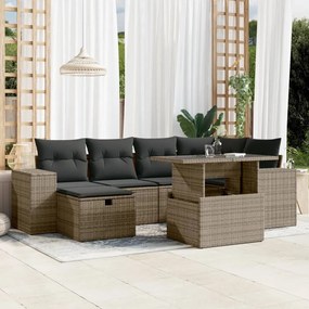 7 pcs conjunto sofás p/ jardim c/ almofadões vime PE cinzento