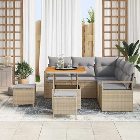 Sofá de Jardim 8 Peças com Almofadas Bege em Rattan e Acácia