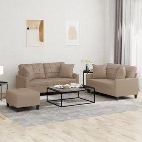 3 pcs conjunto sofás c/ almofadas couro artificial cappuccino