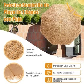 Guarda-sol de imitação palha havaiano Tiki 205 cm com 8 costelas metálicas de topo 7 níveis Portátil para Praia jardim Piscina Natural