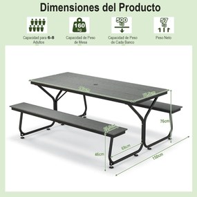 Conjunto de mesa de piquenique para exterior e 2 bancos para 8 adultos com estrutura metálica e tampo de mesa em PEAD para jardim, pátio e campismo Ci