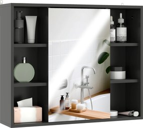 Móvel de casa de banho parede com espelho 60 x 14,5 x 49,4 cm, armário com portas e 6 compartimentos abertos, preto