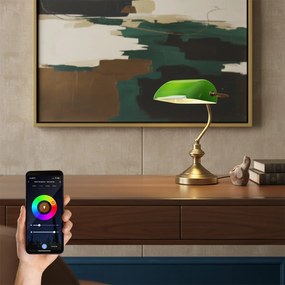 Candeeiro de mesa clássico inteligente bronze com vidro verde incl. Wi-Fi A60 - Banker