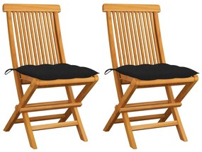 vidaXL Cadeiras de jardim c/ almofadões pretos 2 pcs teca maciça