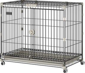 Gaiola dobrável para cães 75,5 x 46 x 64,5 cm, tabuleiro removível, rodas com travões, teto abrível com fecho de segurança, preta