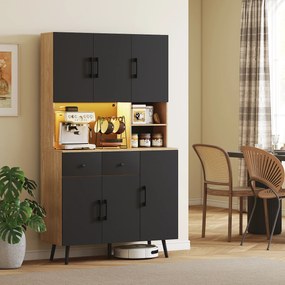 Armário de cozinha com iluminação LED RGB, bancada, 6 portas e 2 gavetas, 100 x 40 x 176 cm, preto