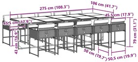 11 pcs conjunto jantar p/ jardim c/ almofadões vime PE cinzento