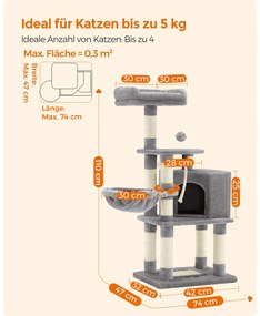 Arranhador Gatos 42 x 32 x 110 cm com plataformas e caverna cinzento claro