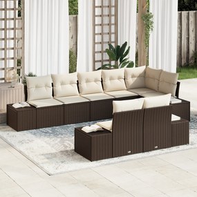 Conjunto de Sofá de Jardim de 8 Peças com Almofadas Castanho Vime Poli