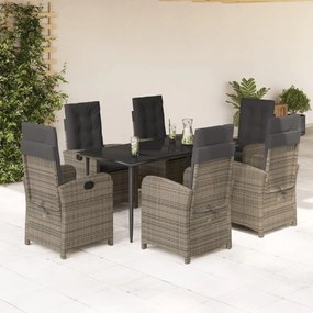 7 pcs conjunto de jantar p/ jardim c/ almofadões vime PE cinza