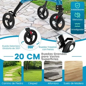 Andador para idosos com estrutura em alumínio leve, rodas grandes de 20 cm, altura ajustável e bolsa de armazenamento Azul
