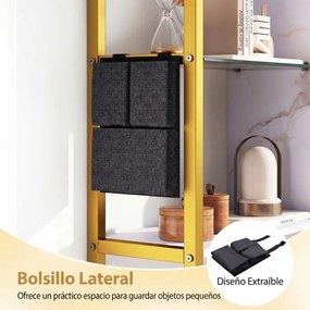 Prateleira suspensa moderna 107 x 24 x 96 cm, 6 níveis, 8 ganchos e bolso lateral para cozinha, bar ou casa – Dourada e Branco