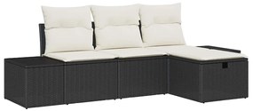 Conjunto de Sofá de Jardim em 4 Peças com Almofadas de Vime Preto