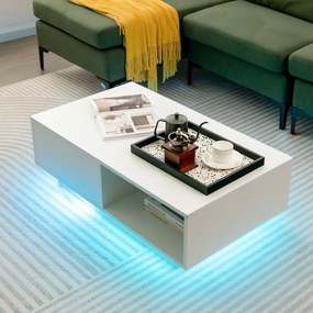 Mesa de centro com luzes LED, gaveta com controlo remoto e estante aberta retangular moderna para sala de estar 95 x 55 x 31 cm Branco