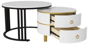 Mesa de centro 2-em-1 em MDF com tampo brilhante e tampo em mármore branco, combinação de mesa de centro para sala de estar com 2 gavetas, Branco