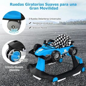 Andarilho dobrável com altura ajustável em 3 níveis, rodas com velocidade regulável e almofada removível para bebés de 6 a 18 meses Azul
