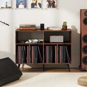 Suporte para gira-discos e discos vinil com 2 prateleiras abertas e 4 compartimentos para sala de estar ou quarto 100 x 40 x 74,5 cm Castanho e preto