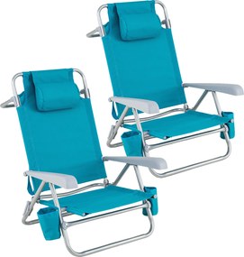 Conjunto de 2 Cadeiras de Praia, 69 x 60 x 79 cm, Encosto Regulável em 7 Posições, Turquesa