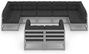 9pcs conjunto lounge de jardim c/ almofadões pinho maciço cinza