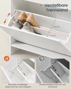 Sapateira, Armário para sapatos com 2 portas 24 x 60 x 102,8 cm, estreito, divisória ajustável, branca