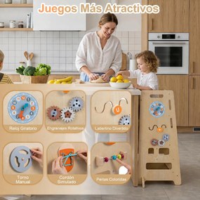 Torre de Aprendizagem Montessori, 52 x 50 x 89 cm, Multifuncional 4 em 1, Natural