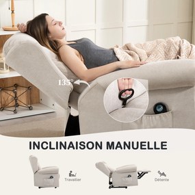 Poltrona relaxante elétrica com função de massagem e aquecimento, com encosto e apoio para os pés ajustáveis manualmente, bolso lateral, bege