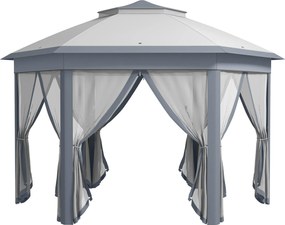 Outsunny Tenda Dobrável 4x3,4 m Tenda de Jardim Hexagonal com Duplo Tecto 6 Mosquiteiras Destacáveis e Saco de Transporte Cinzento | Aosom Portugal