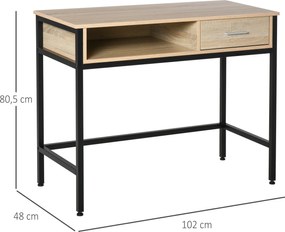 Secretária com arrumação de estilo industrial, secretária para computador com gaveta, estrutura em metal preta, tampo em madeira de carvalho claro