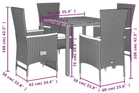 5 pcs conjunto de jantar p/ jardim c/ almofadões vime PE preto