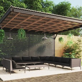 vidaXL 12 pcs conj. lounge jardim c/ almofadões vime PE cinza-escuro