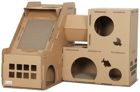 PawHut Casa para Gatos de Cartão em Forma de Castelo com 2 Níveis 3 Zonas de Arranhar Túnel e Rampa 78x66x57 cm Castanho | Aosom Portugal