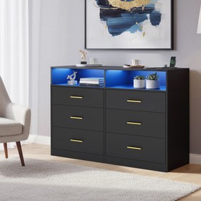 Cómoda com iluminação LED e base de carregamento 40 x 119 x 81,1 cm, 6 gavetas, moderna preta
