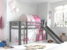 Conjunto Cama alta de Criança PINO 90 x 200 cm + estrado + escada + escorrega + tunel + cortina Princesa Cinzenta