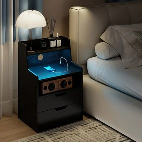 Mesa de cabeceira LED com estação de carregamento com 2 gavetas e prateleira aberta 45 x 35 x 72,5 cm Preto