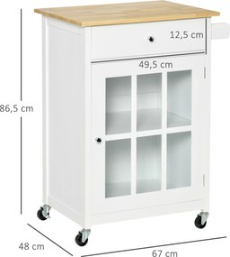 Carro de cozinha com rodas e vários compartimentos de arrumação - armário com porta de vidro e prateleira ajustável, gaveta e suporte para panos de co