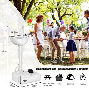 Pia lavatório de acampamento portátil com base de bomba de pé com tanque de água 17L  51 x 33 x 102 cm cinza