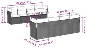 9 pcs conjunto sofás p/ jardim c/ almofadões vime PE cinzento