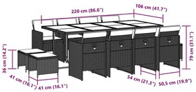 13 pcs conjunto de jantar p/jardim com almofadões vime PE preto