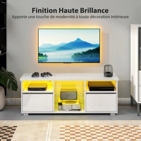 Móvel de TV 120 x 34 x 45 cm, móvel para televisores até 55 polegadas, com iluminação LED e comando à distância, prateleiras em vidro branco