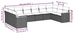 10 pcs conjunto sofás de jardim c/ almofadões vime PE preto